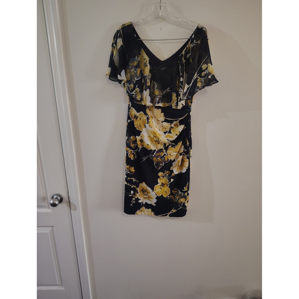 Connected Apparel Navy‎ Yellow Floral Popover Sheath Dress Capelet V-Neck Size 8